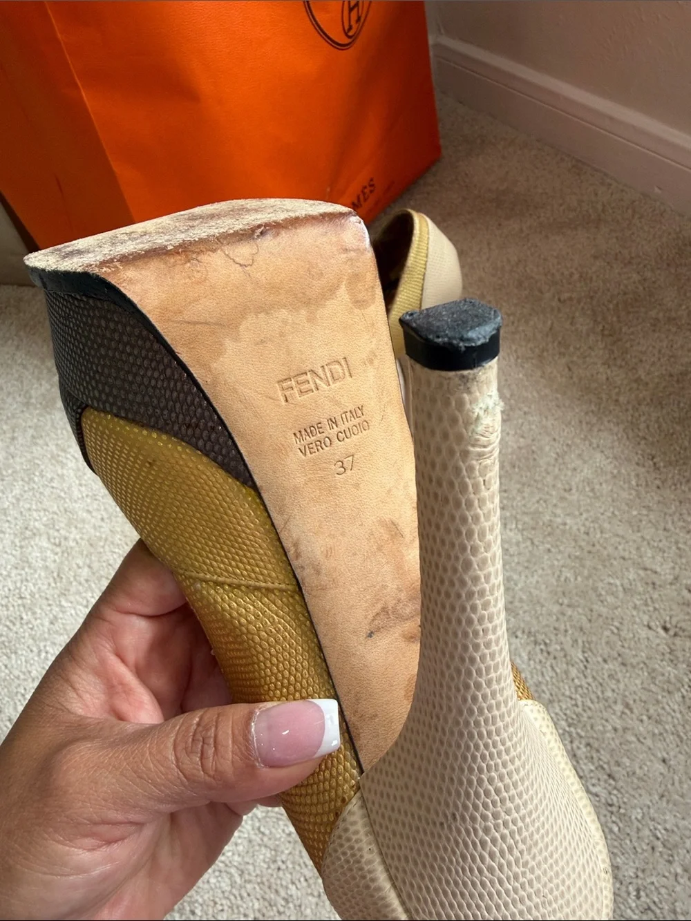 Fendi Two-Tone Bronze and Gold Peep-Toe Heels
